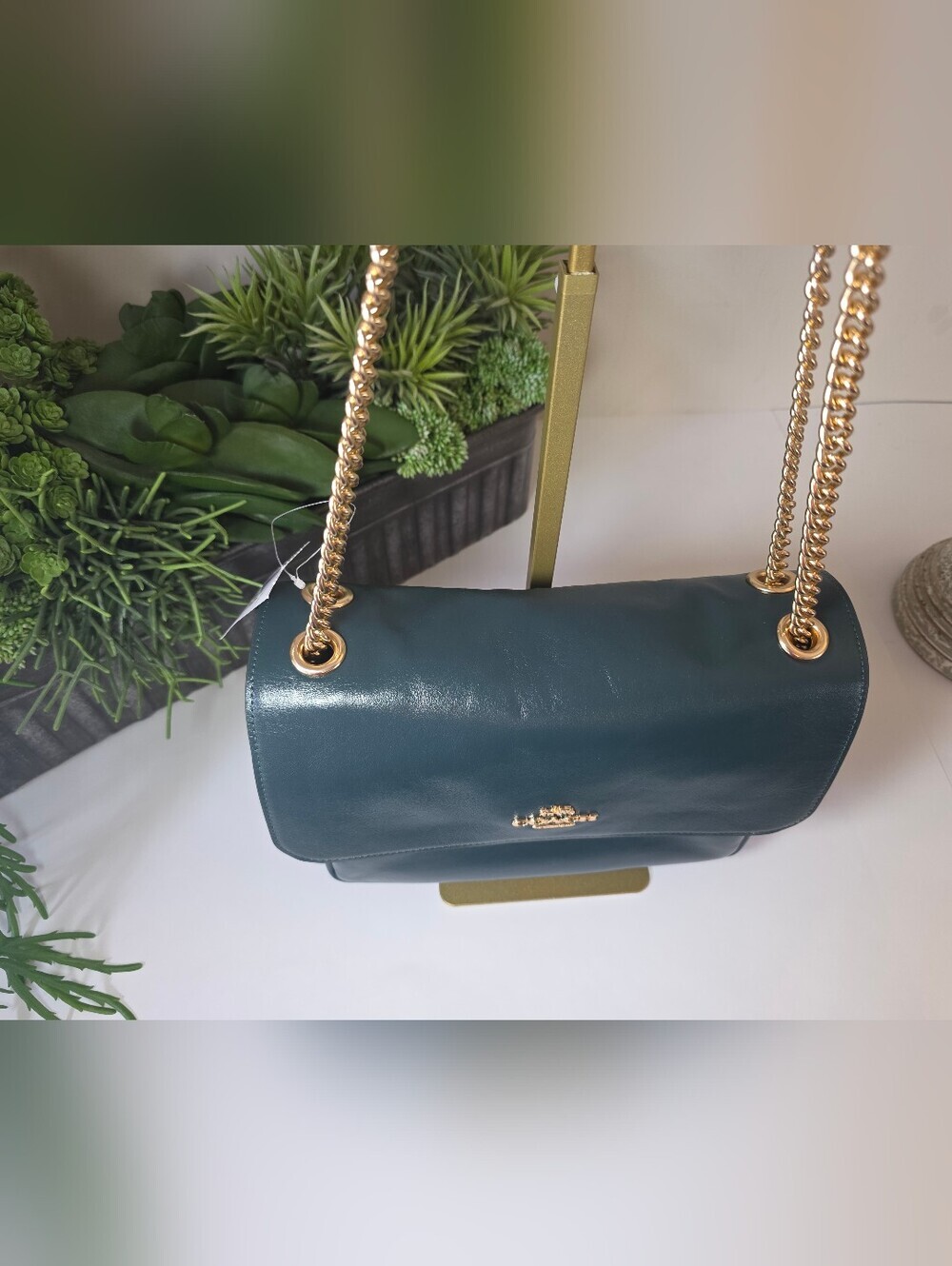 Coach Elodie Dark Teal Smooth Leather Crossbody/Shoulder Bag Gold Chain NWT - Picture 6 of 15